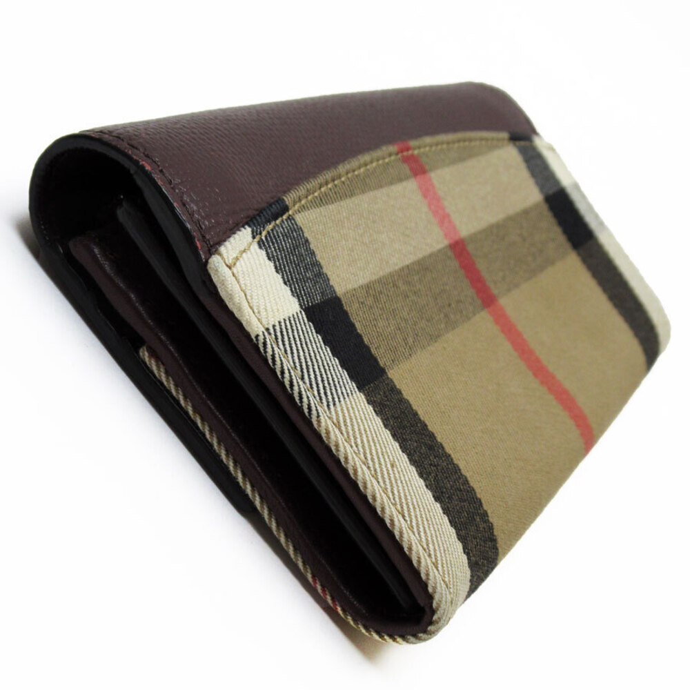 Burberry canvas Burgundy long bi Red leather beige wallet fold Red Tan